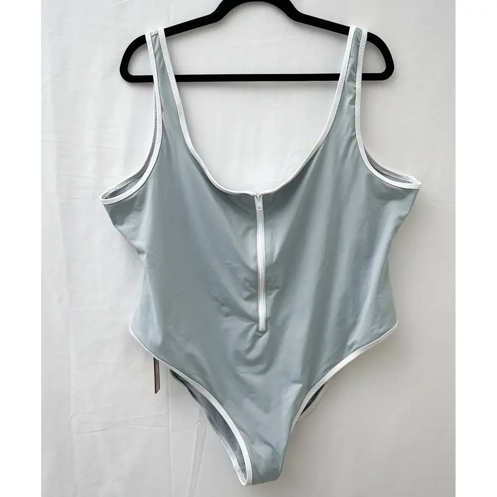 SKIMS Swimsuit Women 4X Pacific Gray Sporty Zipper One Piece Scoop Neck NEW